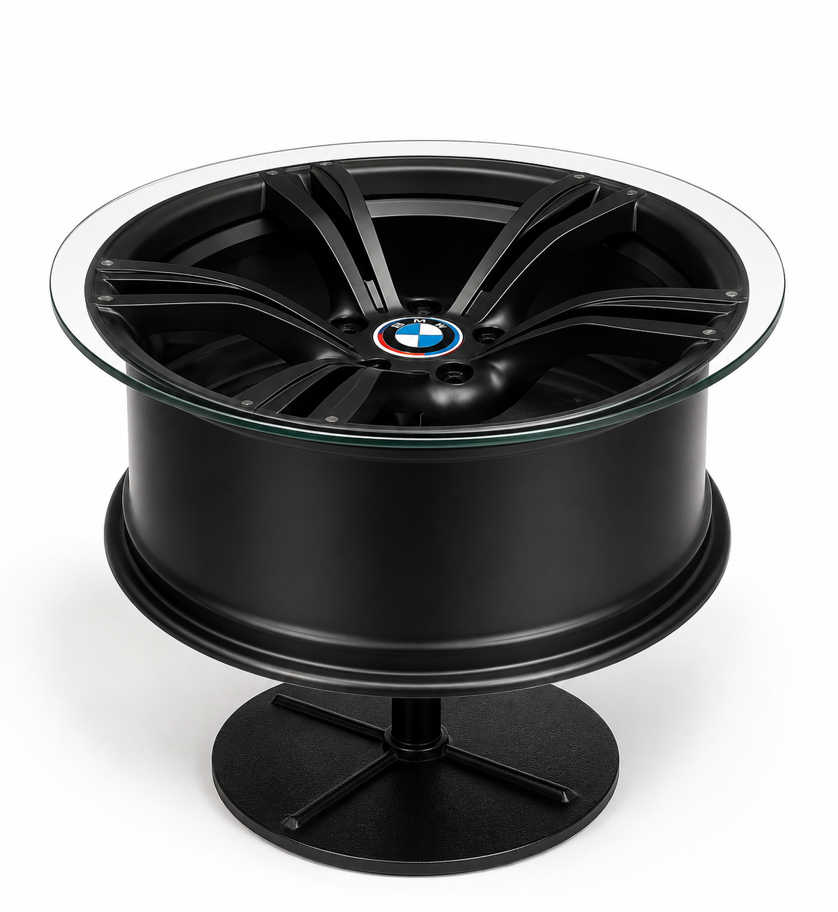 BMW Alloy Wheel Coffee Table – Height Adjustable Rotating Glass Table | Automotive Furniture | Man Cave Decor