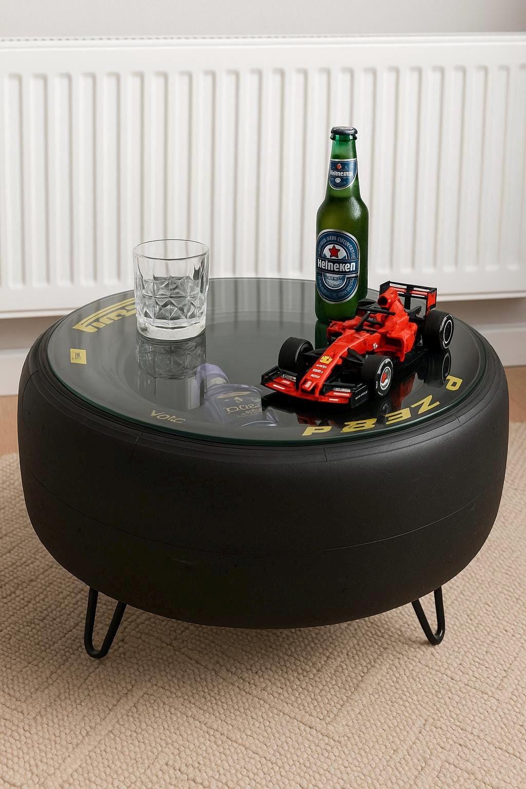 Racing Tyre Coffee Table | Handmade Car Rim Table for Man Cave, Garage Decor & Auto Enthusiasts | Unique Motorsport Furniture