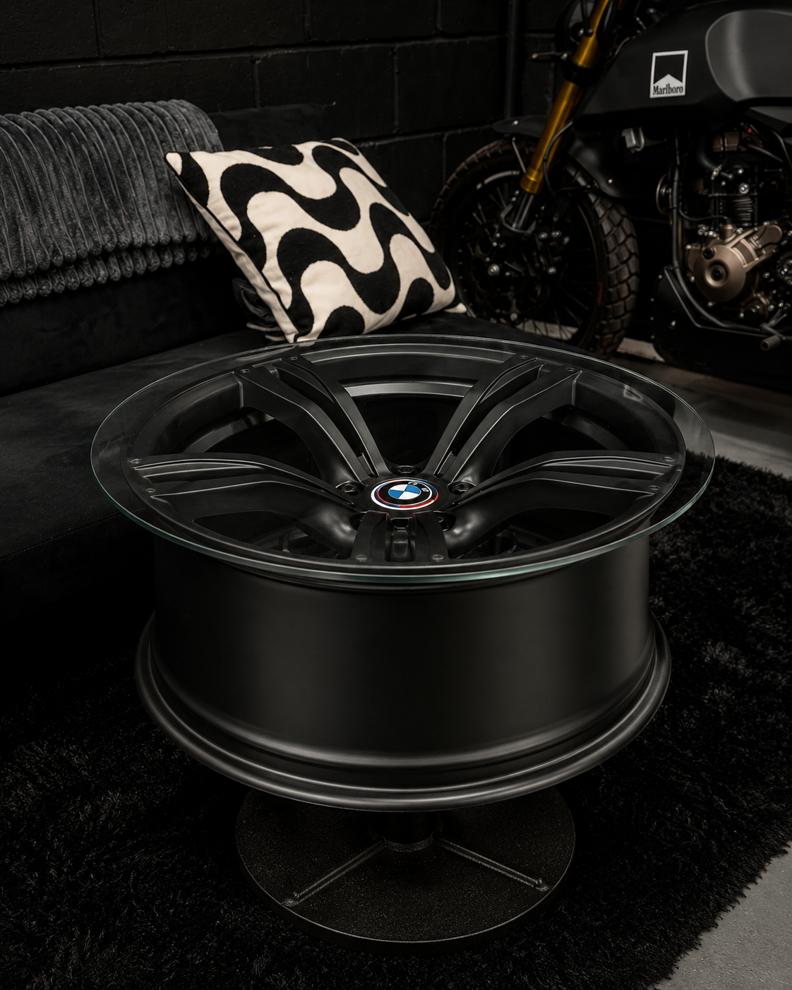 BMW Alloy Wheel Coffee Table – Height Adjustable Rotating Glass Table | Automotive Furniture | Man Cave Decor