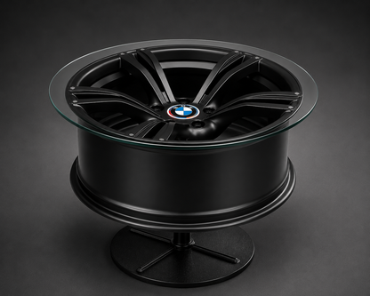 BMW Alloy Wheel Coffee Table – Height Adjustable Rotating Glass Table | Automotive Furniture | Man Cave Decor