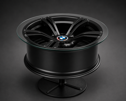 BMW Alloy Wheel Coffee Table – Height Adjustable Rotating Glass Table | Automotive Furniture | Man Cave Decor