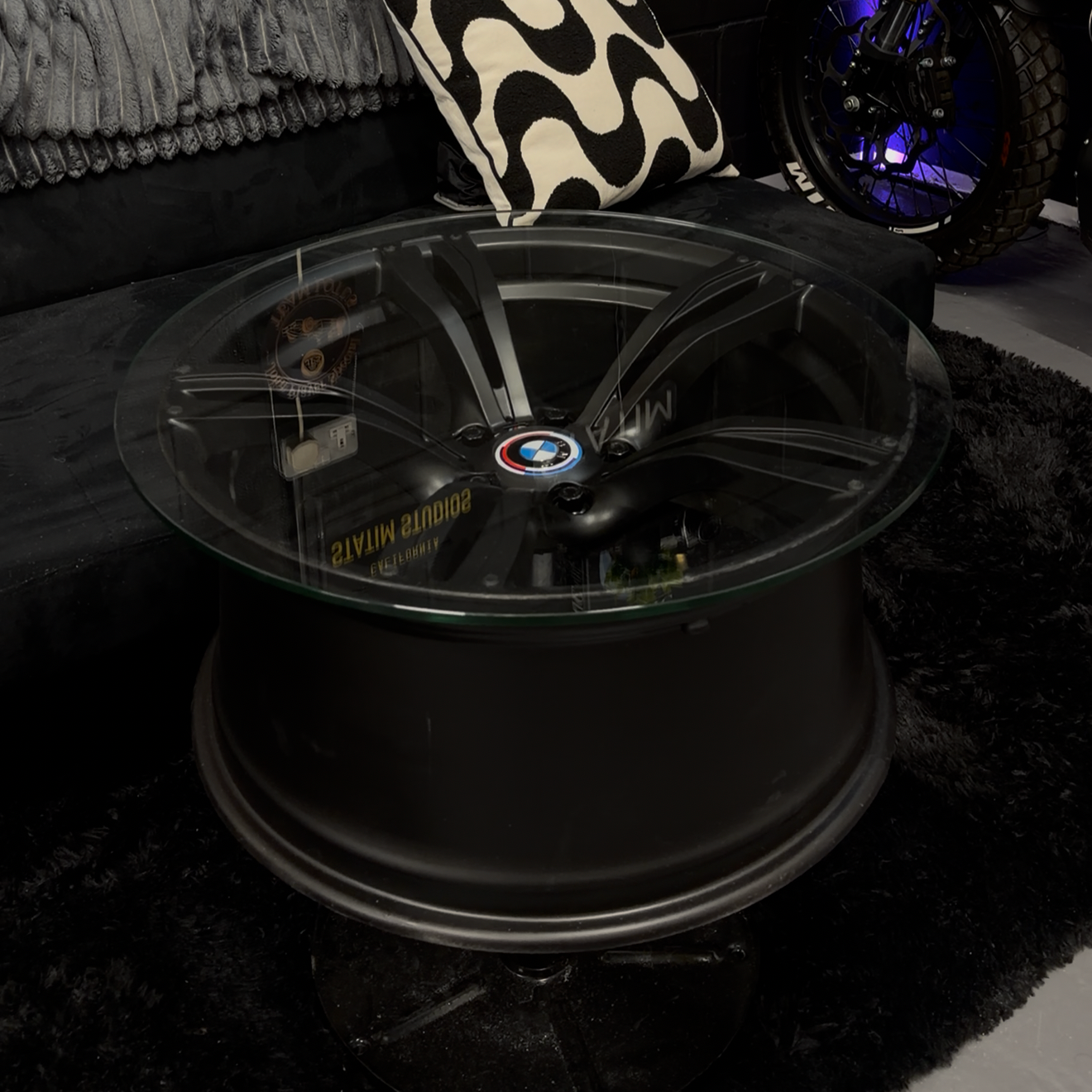 BMW Alloy Wheel Coffee Table – Height Adjustable Rotating Glass Table | Automotive Furniture | Man Cave Decor