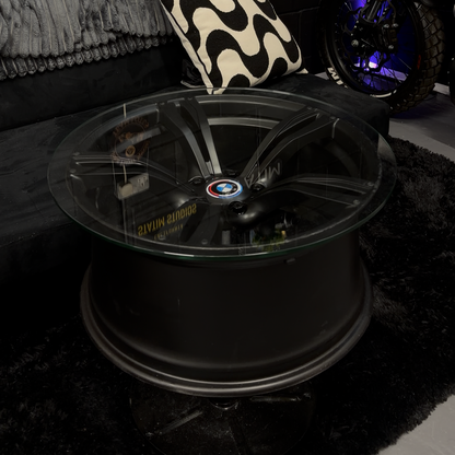 BMW Alloy Wheel Coffee Table – Height Adjustable Rotating Glass Table | Automotive Furniture | Man Cave Decor