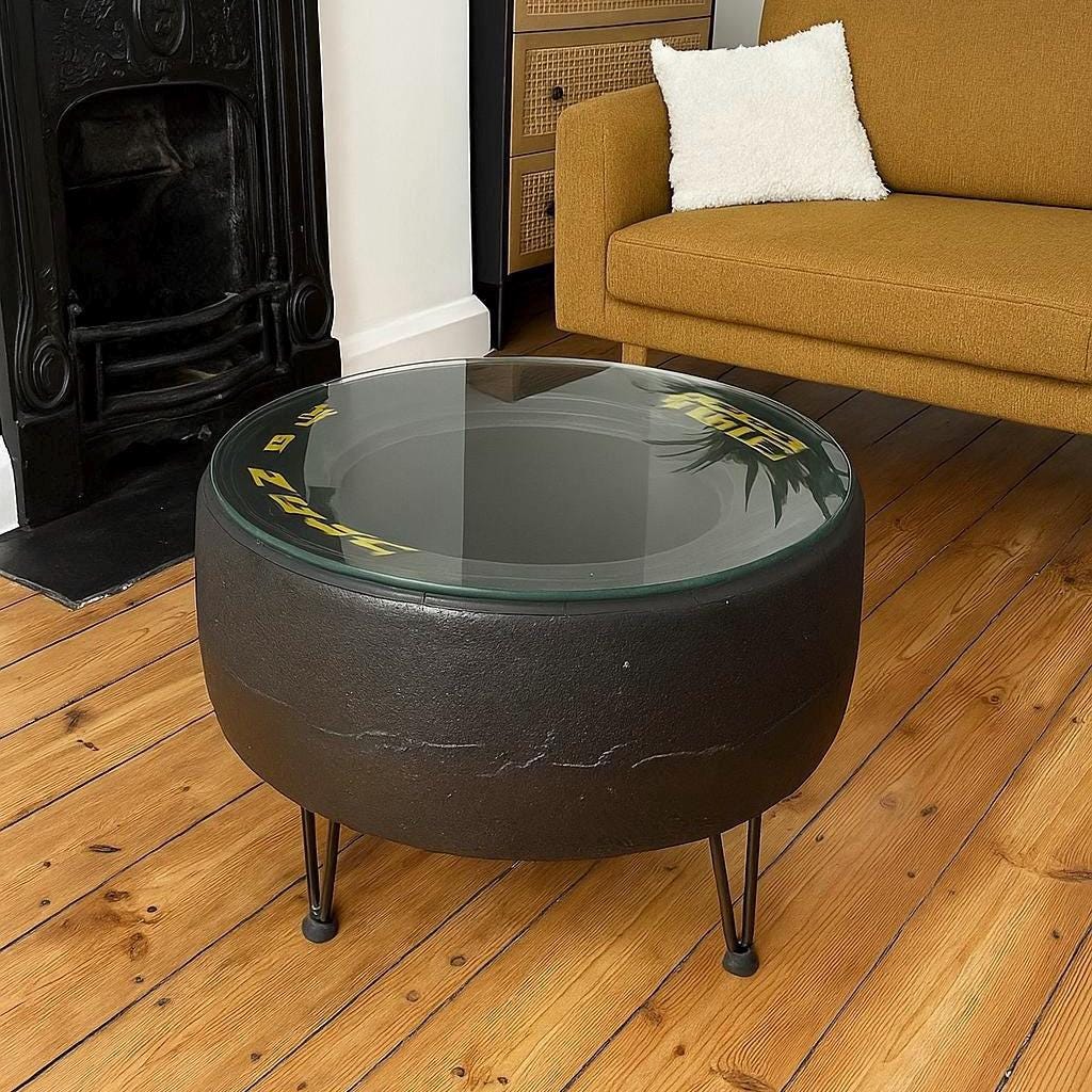Racing Tyre Coffee Table | Handmade Car Rim Table for Man Cave, Garage Decor & Auto Enthusiasts | Unique Motorsport Furniture